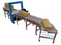 Line strapping with extensible roller conveyors and automatic strapping machine